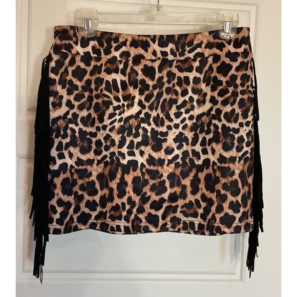 Leopard Print Mini Skirt with Fringe - Picture 3 of 7
